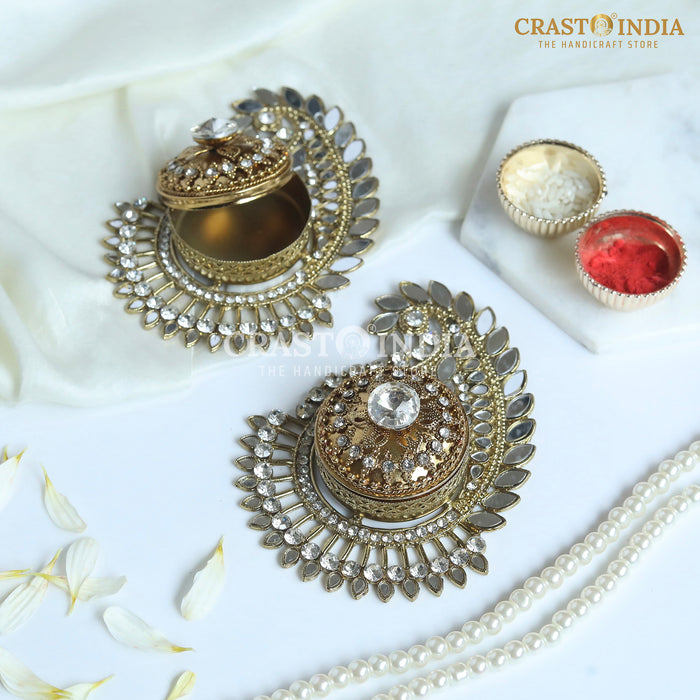 PACK OF 2 PCS - CRASTO INDIA HANDCRAFTED COIN BOX/SINDOOR BOX MANGO DABBI IN ANTIQUE GOLD FINISH
