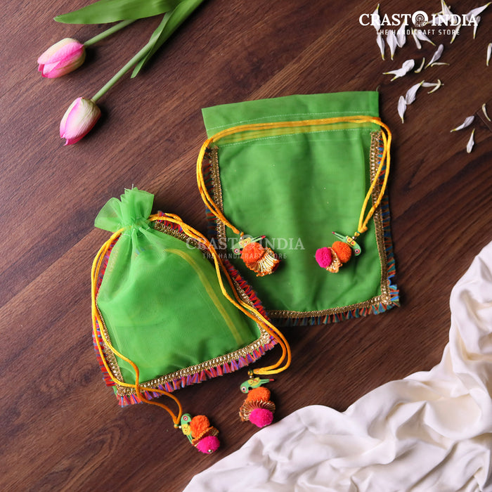 CRASTO INDIA HANDCRAFTED GREEN POTLI WITH PARROT POM-POM LATKAN - (PACK OF 10 PCS) (AVAILABLE IN 4 SIZES)