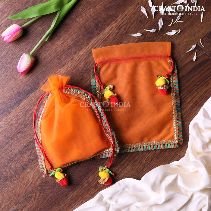 CRASTO INDIA HANDCRAFTED CLOTH POTLI WITH PARROT POM-POM LATKAN - ORANGE ( AVAILABLE IN 4 SIZES)