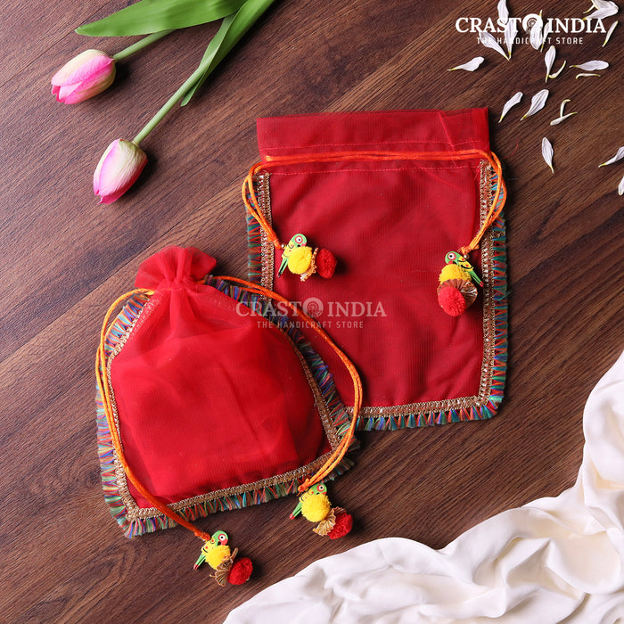 CRASTO INDIA HANDCRAFTED RED POTLI WITH PARROT POM-POM LATKAN (PACK OF 10 PCS)(AVAILABLE IN 4 SIZES)