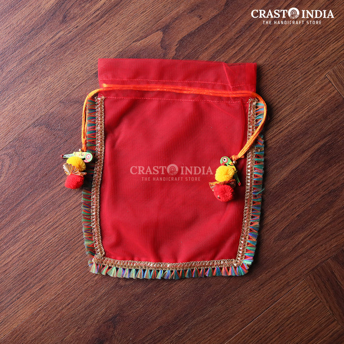 CRASTO INDIA HANDCRAFTED RED POTLI WITH PARROT POM-POM LATKAN (PACK OF 10 PCS)(AVAILABLE IN 4 SIZES)
