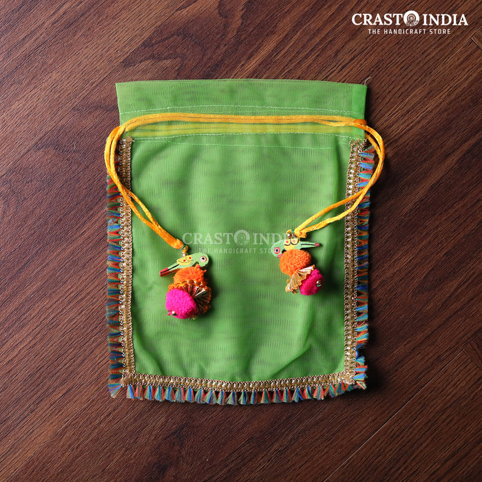 CRASTO INDIA HANDCRAFTED GREEN POTLI WITH PARROT POM-POM LATKAN - (PACK OF 10 PCS) (AVAILABLE IN 4 SIZES)