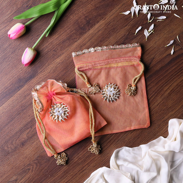 CRASTO INDIA HANDCRAFTED GOTA FLOWER WITH BEAD JHUMKI CLOTH POTLI - PINK-PEACH (Available in 4 sizes)