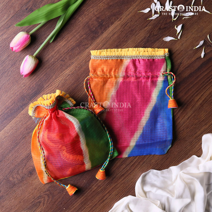 CRASTO INDIA HANDCRAFTED MULTI COLOR RAINBOW POTLI WITH THREADED TASSLES (PACK OF 10 PCS) ( AVAILABLE IN 4 SIZES)
