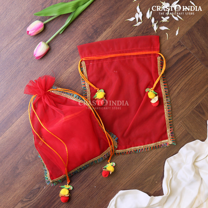 CRASTO INDIA HANDCRAFTED RED POTLI WITH PARROT POM-POM LATKAN (PACK OF 10 PCS)(AVAILABLE IN 4 SIZES)