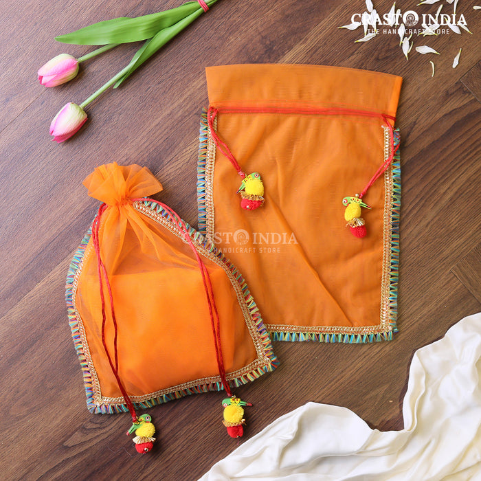 CRASTO INDIA HANDCRAFTED CLOTH POTLI WITH PARROT POM-POM LATKAN - ORANGE ( AVAILABLE IN 4 SIZES)