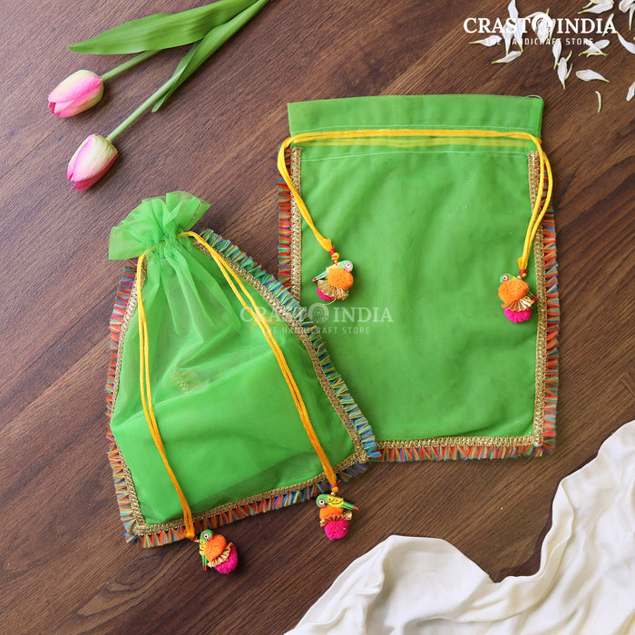CRASTO INDIA HANDCRAFTED GREEN POTLI WITH PARROT POM-POM LATKAN - (PACK OF 10 PCS) (AVAILABLE IN 4 SIZES)