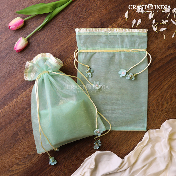 CRASTO INDIA HANDCRAFTED GOTA FRILL FLOWER LATKAN BLUE GREEN POTLI (PACK OF 10 PCS)(AVAILABLE IN 4 SIZES)