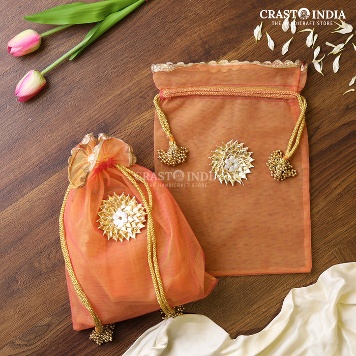 CRASTO INDIA HANDCRAFTED GOTA FLOWER WITH BEAD JHUMKI CLOTH POTLI - PINK-PEACH (Available in 4 sizes)
