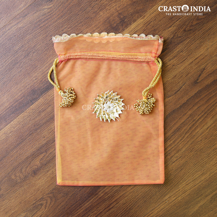 CRASTO INDIA HANDCRAFTED GOTA FLOWER WITH BEAD JHUMKI CLOTH POTLI - PINK-PEACH (Available in 4 sizes)