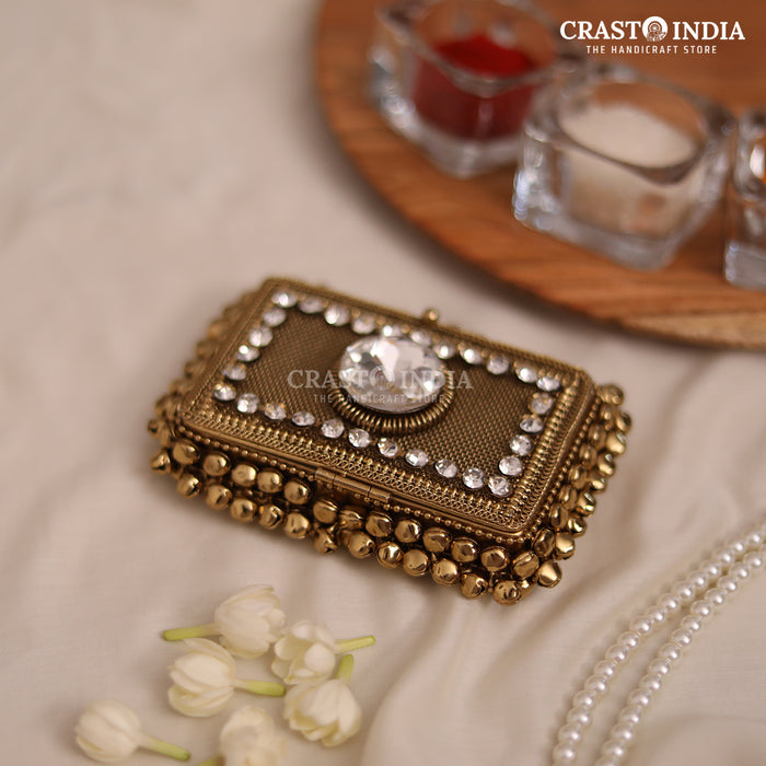 PACK OF 2 PCS - CRASTO INDIA HANDCRAFTED RECTANGLE GHUNGROO JEWELLERY BOX WITH STONEWORK
