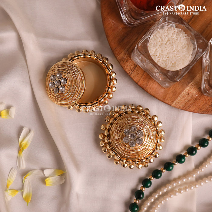 PACK OF 4 PCS - CRASTO INDIA HANDCRAFTED ROUND GHUNGROO JEWELLERY BOX WITH SPIRAL CHAIN WITHOUT HINGE