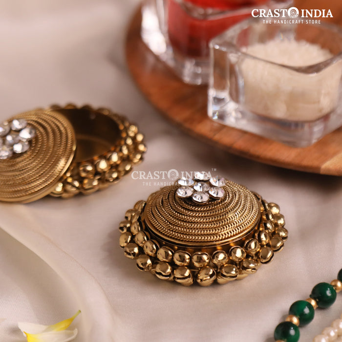 PACK OF 4 PCS - CRASTO INDIA HANDCRAFTED ROUND GHUNGROO JEWELLERY BOX WITH SPIRAL CHAIN WITHOUT HINGE