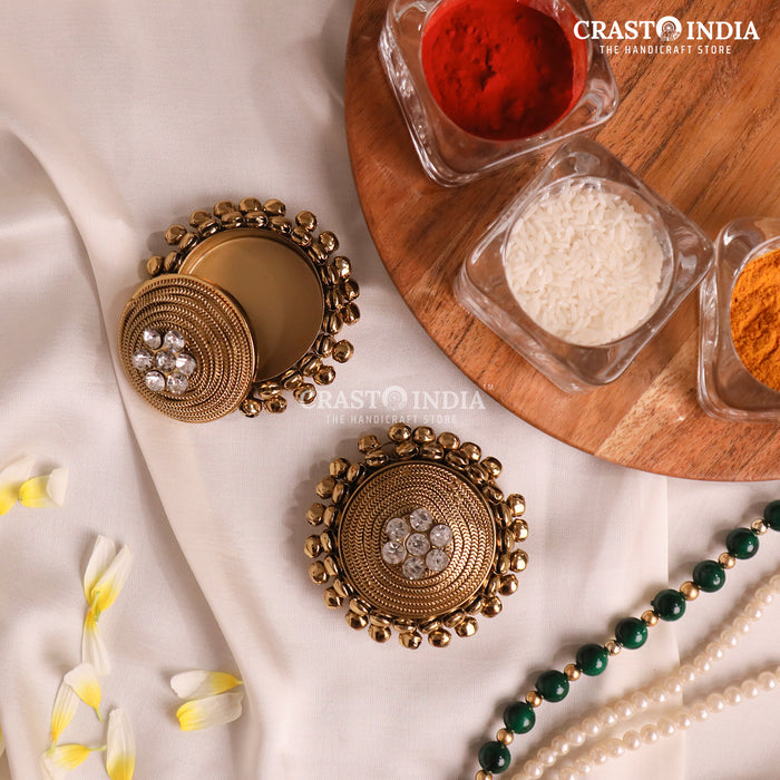 PACK OF 4 PCS - CRASTO INDIA HANDCRAFTED ROUND GHUNGROO JEWELLERY BOX WITH SPIRAL CHAIN WITHOUT HINGE
