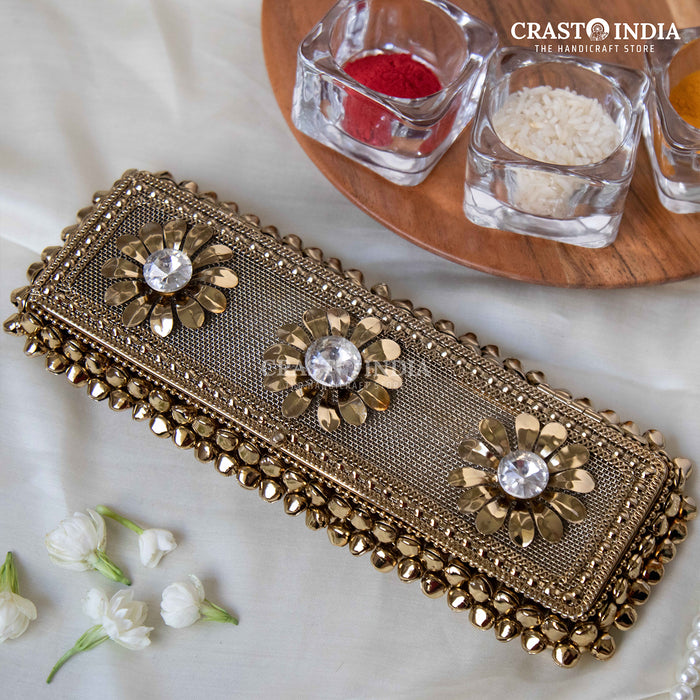 (PACK OF 2 PCS) CRASTO INDIA HANDCRAFTED GHUNGHROO JEWELLERY CHAIN BOX WITH FLOWER AND STONEWORK